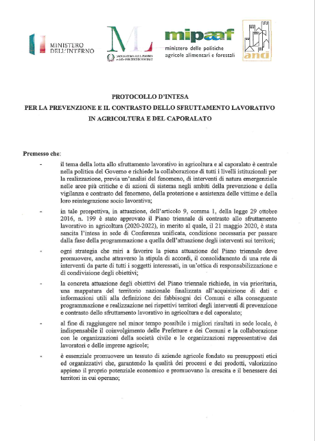 Protocollo d’intesa per la prevenzione e il contrasto dello sfruttamento lavorativo in agricoltura e del caporalato