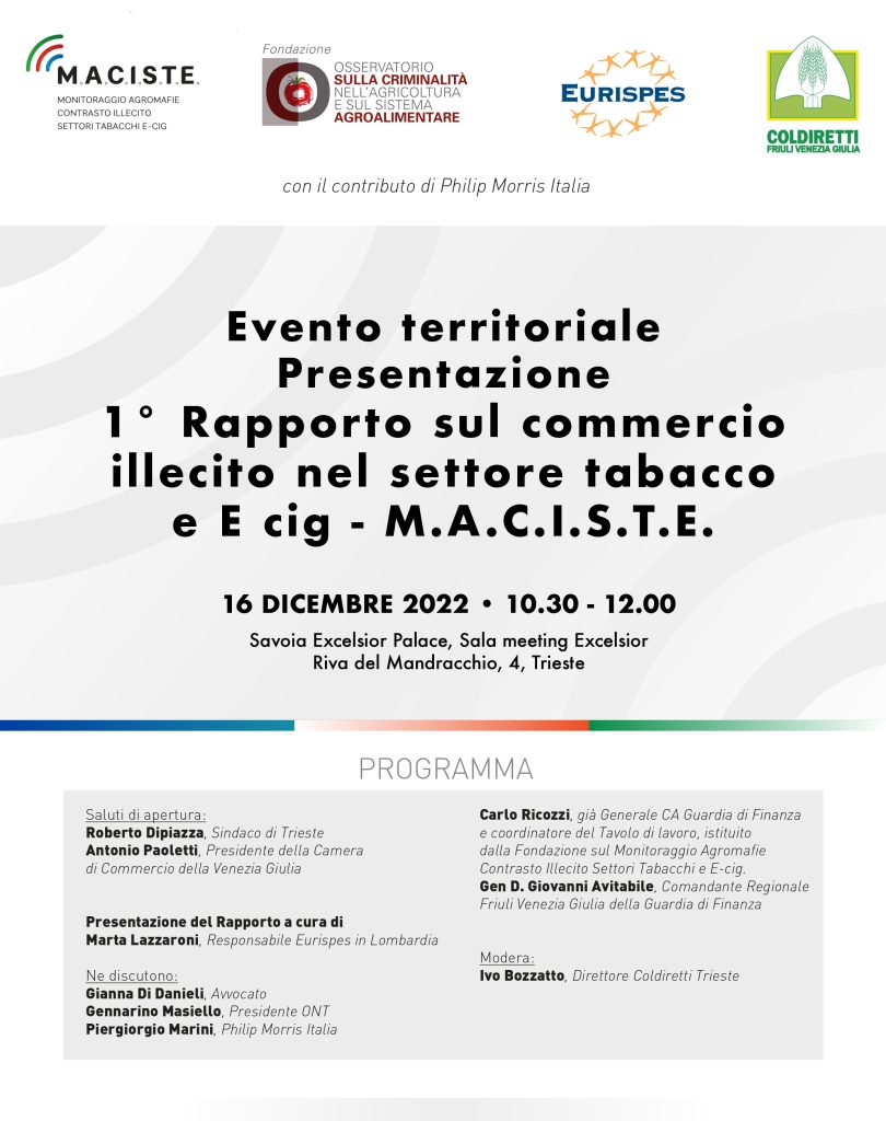 Evento territoriale. Presentazione 1° Rapporto sul commercio illecito nel settore tabacco e E cig – M.A.C.I.S.T.E.