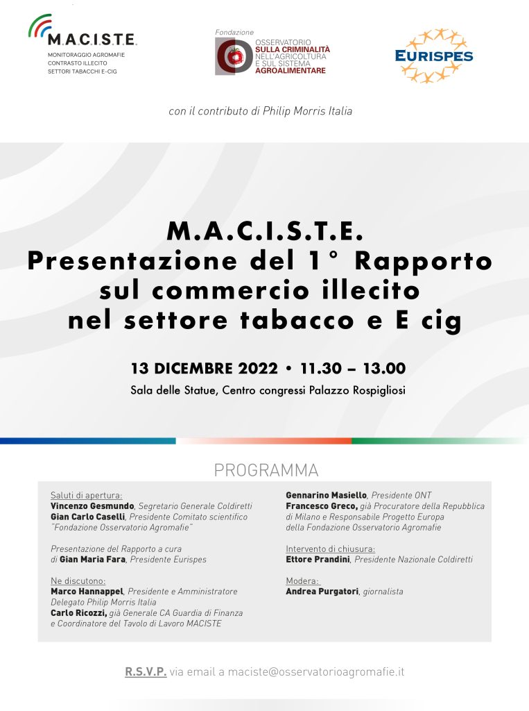 M.A.C.I.S.T.E. – Presentazione del 1° Rapporto sul commercio illecito nel settore tabacco e E cig
