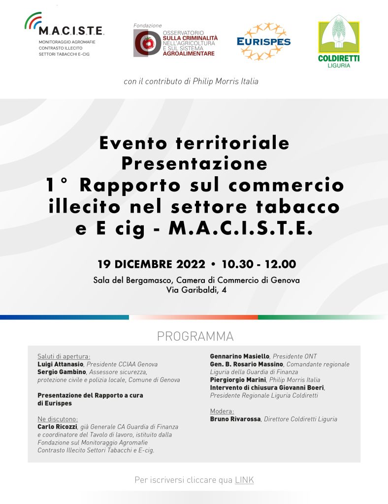 Presentazione 1° Rapporto sul commercio illecito nel settore tabacco e E cig – M.A.C.I.S.T.E. Genova, 19 dicembre 2022 – ore 10,30