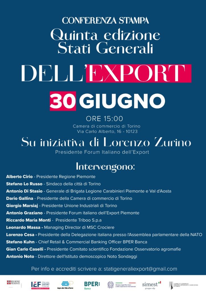 Stati Generali dell’Export: a Torino, il 30 giugno, la conferenza stampa di lancio