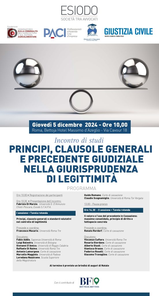 Principi, clausole generali e precedente giudiziale nella giurisprudenza di legittimità. Incontro di studi, Roma, 5 dicembre – ore 10.00